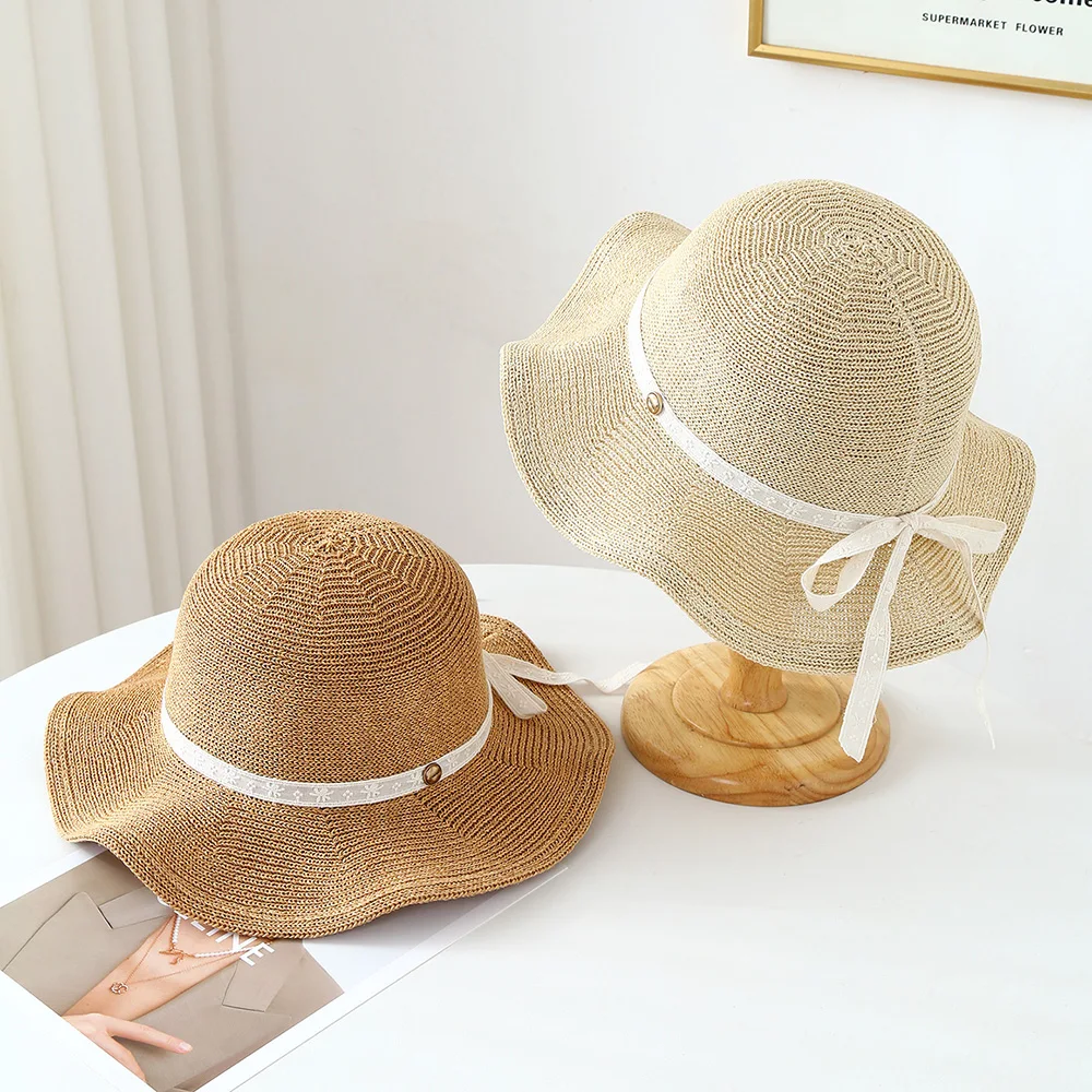 Large Brim Japanese Style Adult Bucket Hat Summer Women's Sun Protection Foldable Hats with White Ribbon Bow Outdoor Applicable