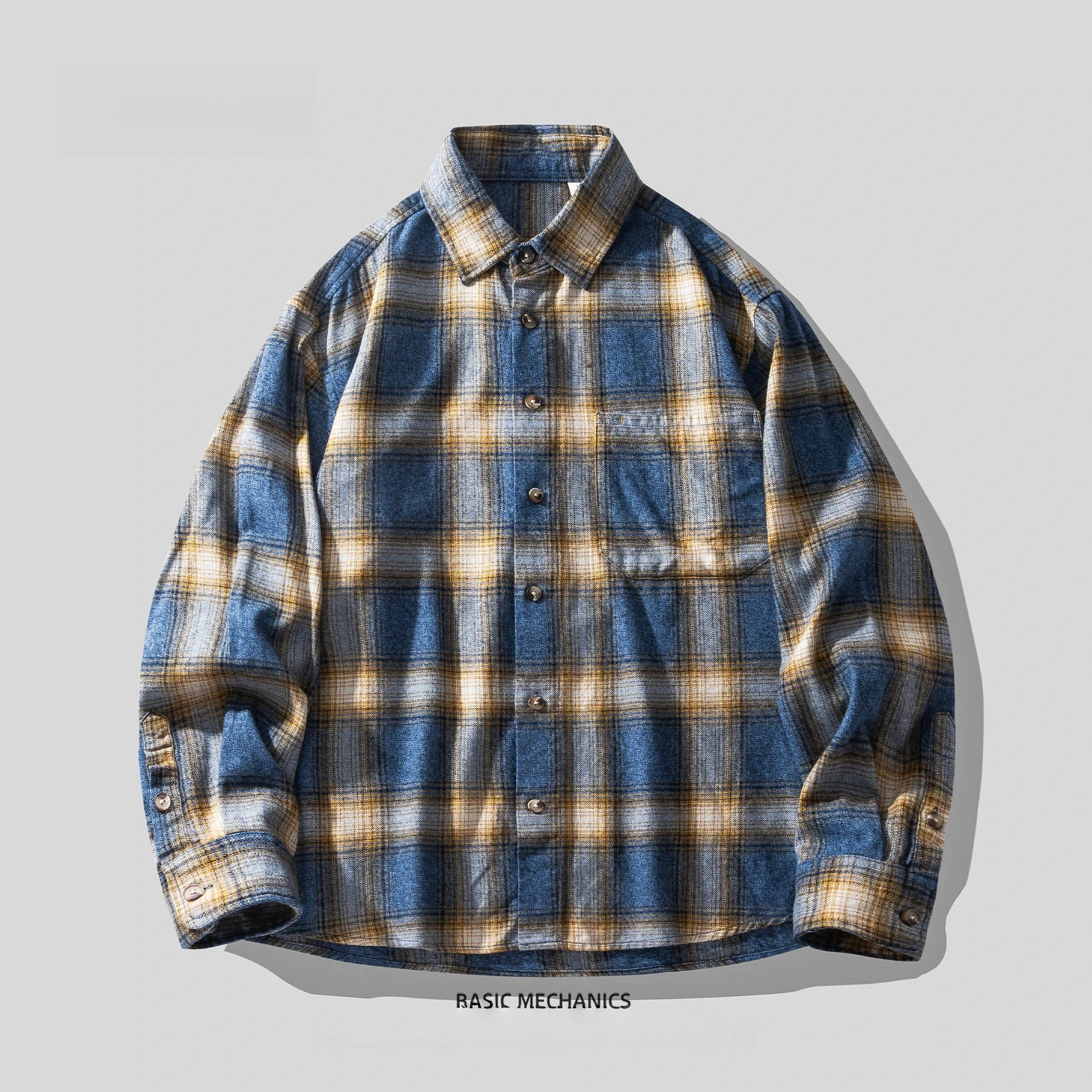 Vintage Brushed Plaid Shirt Men Retro Blue Yellow Check Long Sleeve Shirts Casual Oversized Shirt Autumn Loose Outerwear Blouse