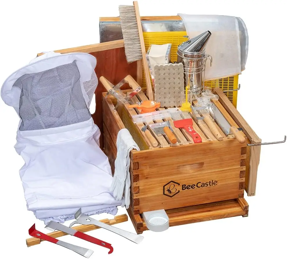 10-Frame Bee Hives and Supplies Starter Kit,Beehive Kit Dipped in 100% Beeswax,Bee Keeping Supplies-all Beginners Kit