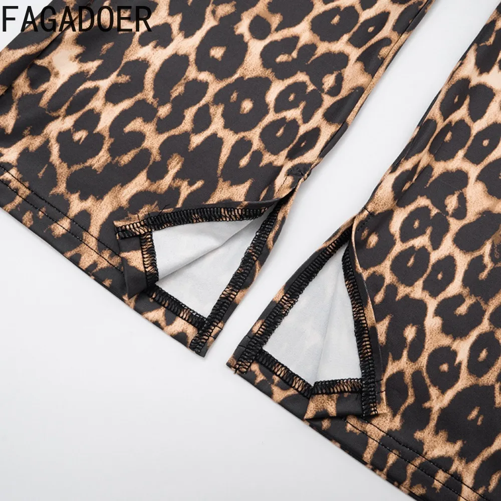FAGADOER Sexy Leopard Print Two Piece Outfits Woman Outfits Deep V-Neck Long Sleeves Crop Top + Pants Matching Female Streetwear