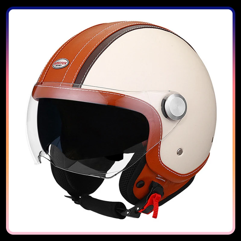 

DOT Approved Daul Lens Open Face Motorcycle Helmet Leather Adult Men Women Retro Vintage Jet Helmet Moto Equipment