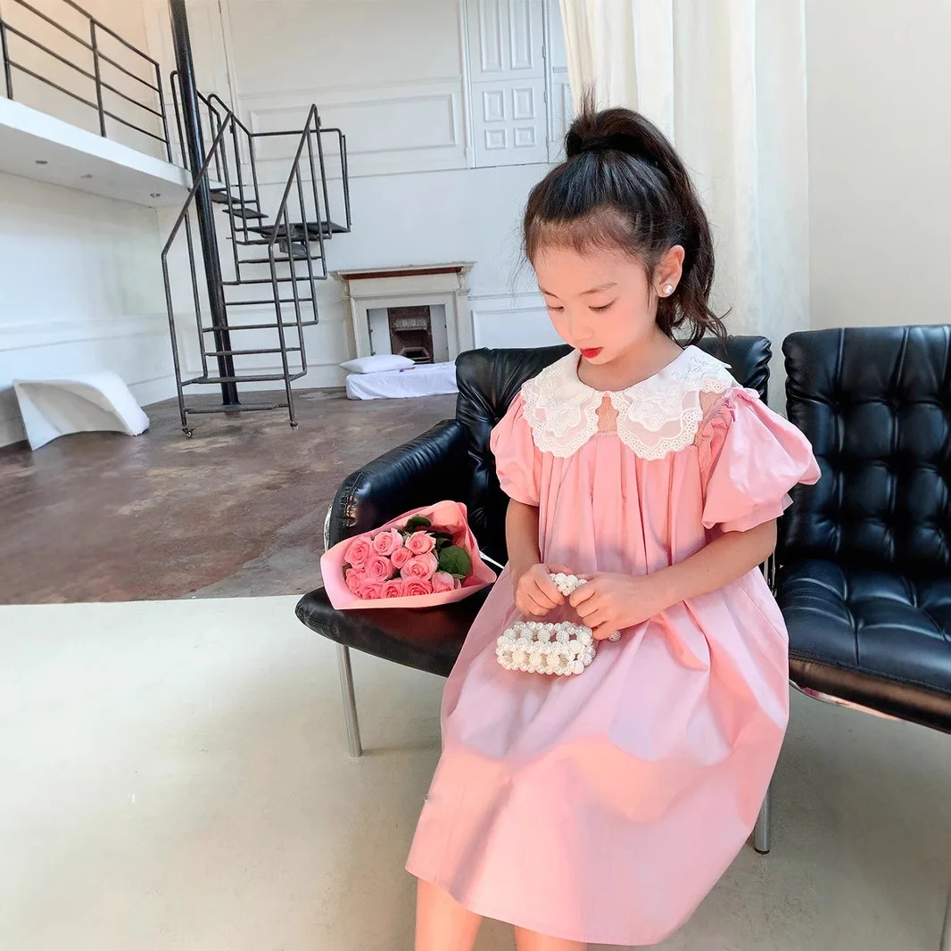 Girls' Summer New Style Sweet Lace Lapel Bubble Short Sleeve Princess Dress Baby Girl Dress