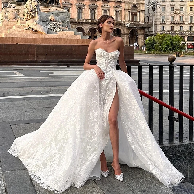 

ZOCI Exquisite Wedding Dress Embroidered Lace On Net With Court Slit A Line Ballgown Strapless Sleeveless Bride Vestido De Novia