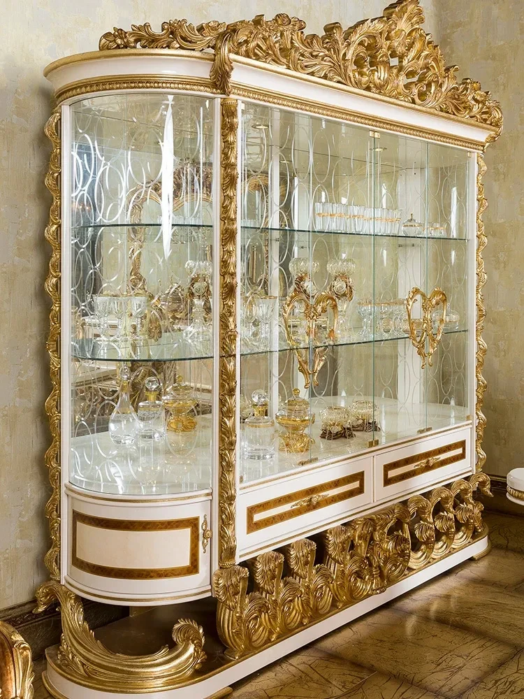 النمط الأوروبي فيلا قاعة النبيذ عرض خزانة خشب متين الذهب احباط غرفة المعيشة جدار خزانة التخزين #2