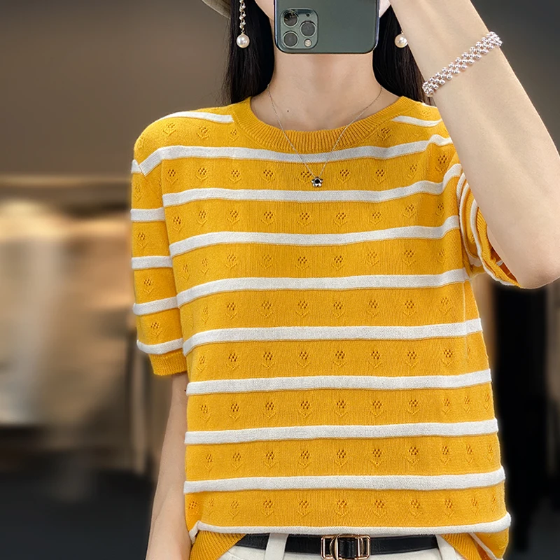 T-shirt Women's Summer New Cotton Sweater Short Sleeve Casual Knitted Round Neck Pullover Loose Fashion Stripe Versatile Top