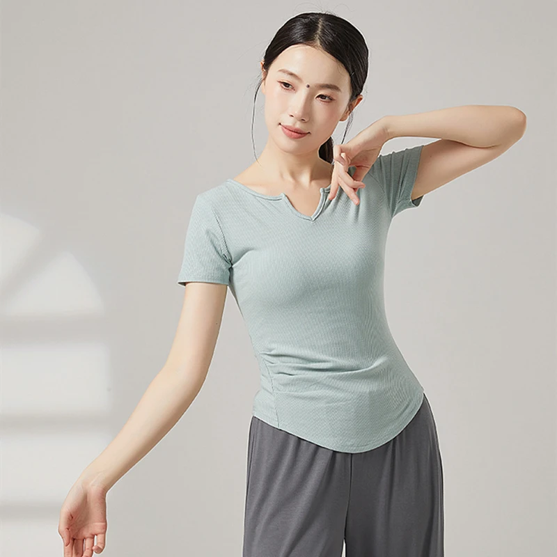 현대 무용 여성 탑 반팔 v 넥 티셔츠 솔리드 컬러 클래식 트레이닝 의류 캐주얼 티 요가 여름 슬림 블라우스