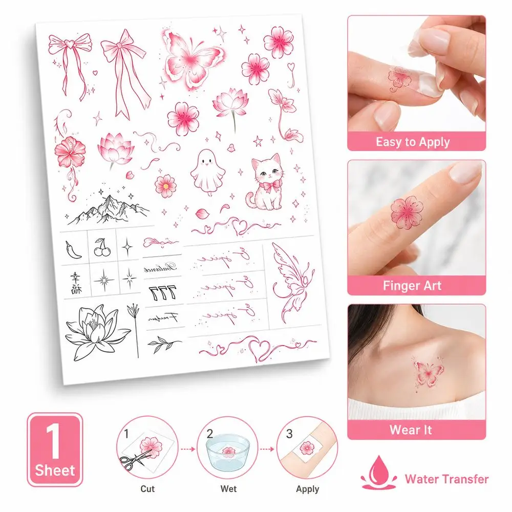 Waterproof Butterfly Temporary Stickers Floral Pattern Water Transfer Paper Water Transfer Tattoos English Phrases