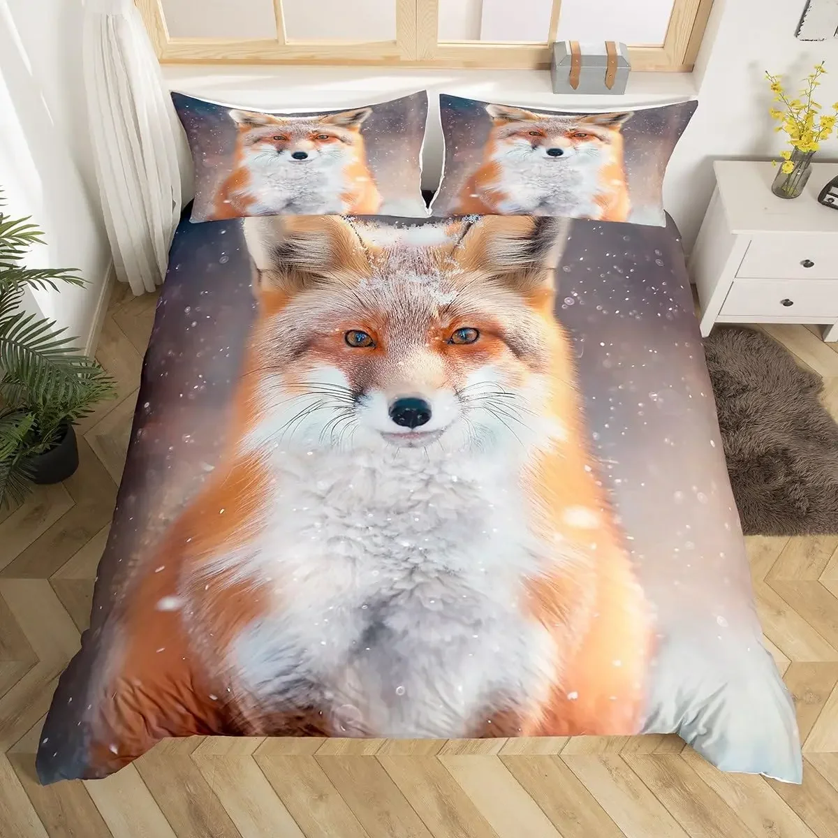 Red Fox Bedding Set Winter Snow Duvet Cover Wild Animals Comforter Cover Lovely Fox Polyester Quilt Cover with 2 Pillowcases