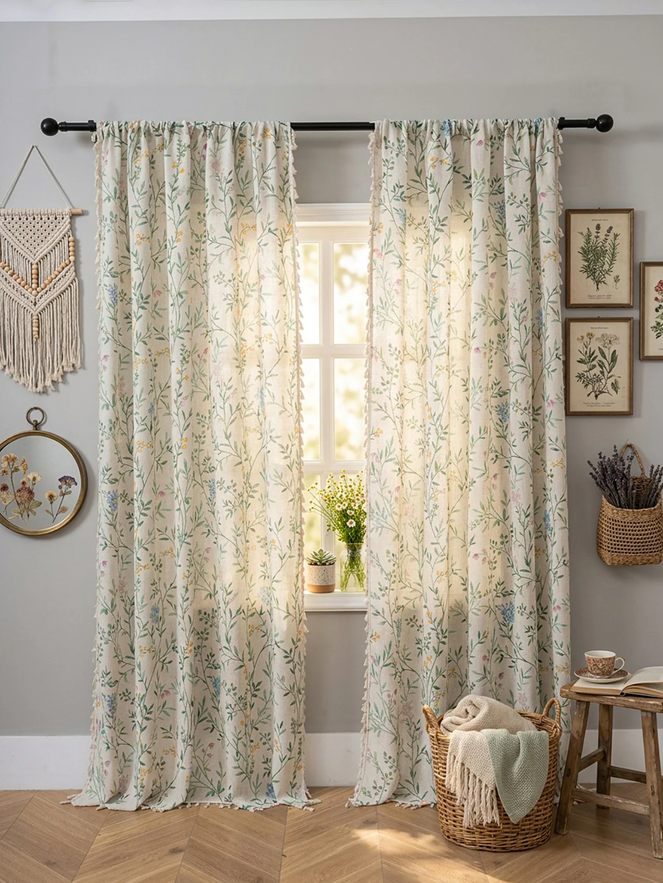 100%Polyester Long Curtains Linen Texture Floral Sage Green Curtains Semi Sheer Flower Printed Light Filtering French Country