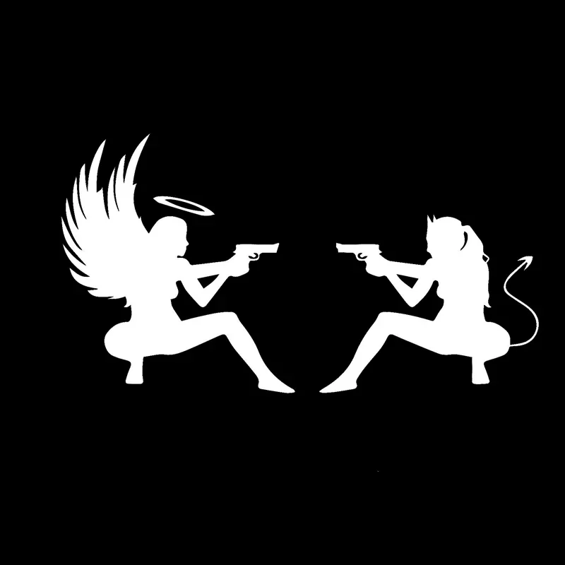 Car Sticker Sexy Devil Angel with Pistol Personalized Custom Car Decoration Accessories PVC Sticker Black/White, 18cm*10cm