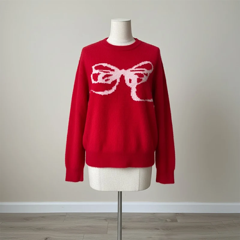 2025 الخريف/الشتاء جديد الأحمر القوس سترة جاكار المرأة الجولة الرقبة فضفاضة مترهل لينة متماسكة #3