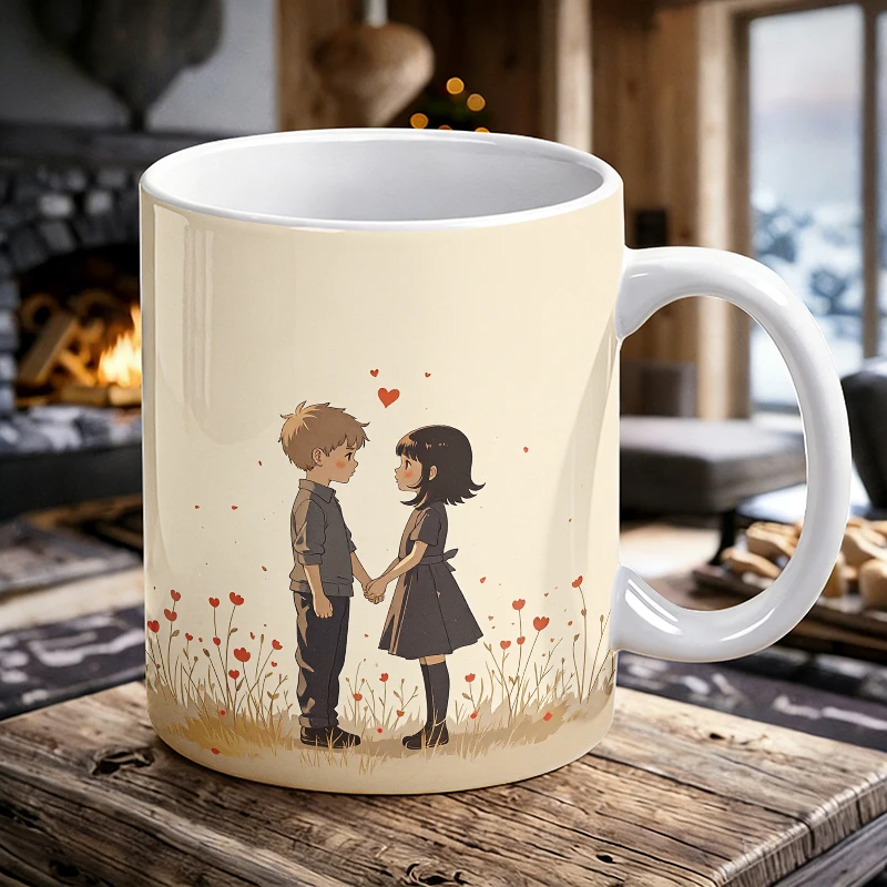 

Cute Q-version Child Couple Holding Hands Ceramic Mug with Handle, Creative Coffee Mug, Milk Mug, Office Tea Cup, Drinking Cup,