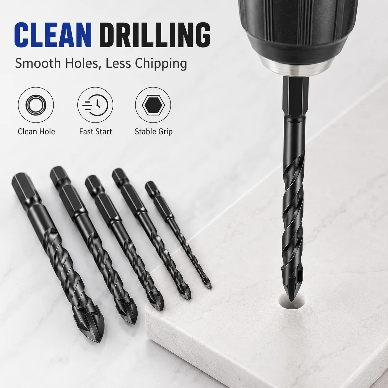 7Pcs Black Cross Tip Tile Drill Bit Set, 3-12mm Hex Shank Carbide Drill Bits for Tile Marble Brick Glass Metal Wood Drilling view 5