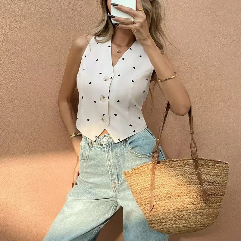 

Women's Vest Fashionable Business Casual Polyester Fabric Summer Elite Modern Polka Dot V-neck Short Sleeveless Slim Fit