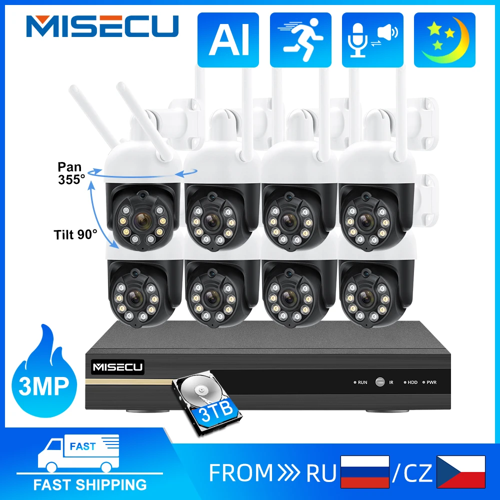 MISECU 무선 CCTV 시스템 양방향 오디오 방수 PTZ 와이파이 보안 IP 카메라, NVR P2P 비디오 감시 키트, 8CH, 3MP 