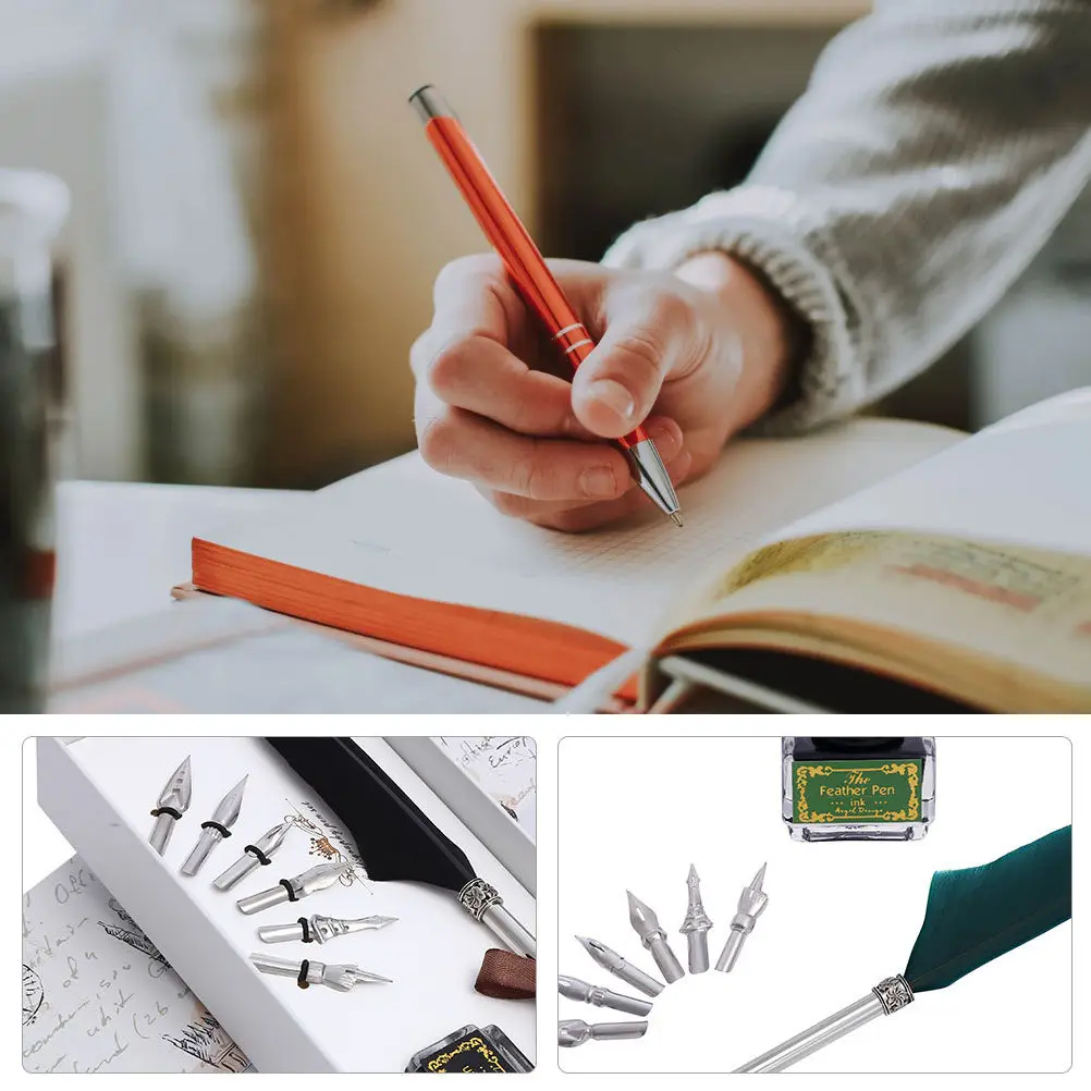 1Set Retro Quill Pen Set Handmade Dip Pen for Calligraphy Practice Smooth Nib Wear-Resistant Lightweight
