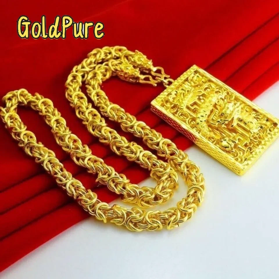 

Goldpure 9999 24K Real Gold Dragon Necklace Pendant with Powerful and Coarse Fabric Pattern Dragon Chain Head Necklacegift