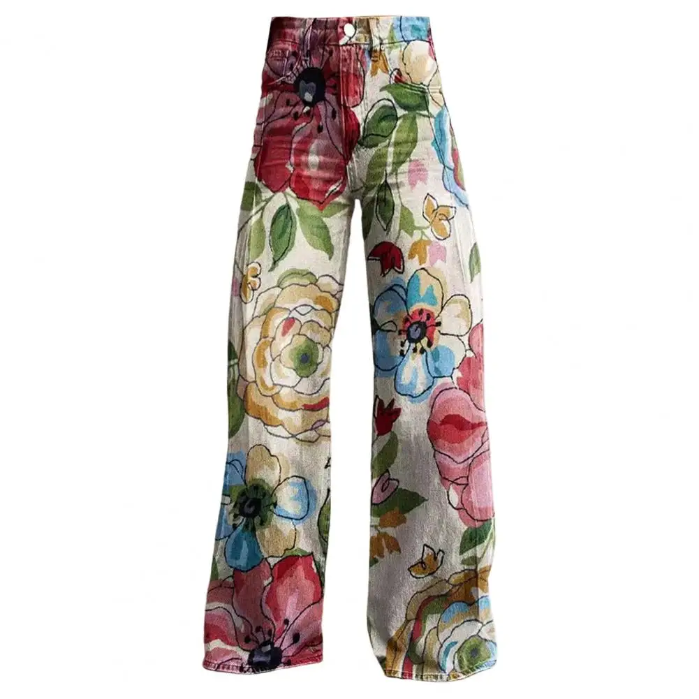 

Women Trousers Functional Pocket Trousers Digital Floral Print Wide Leg Pants with Pockets for Women Retro Mid-rise Button