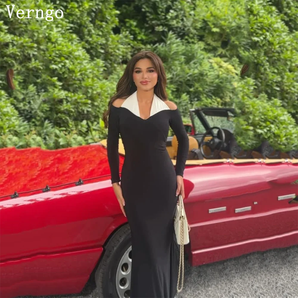 

Verngo Black Crepe Evening Dress Halter Mermaid Formal Occasion Dresses Women Elegant Black Foemal Gowns Customized