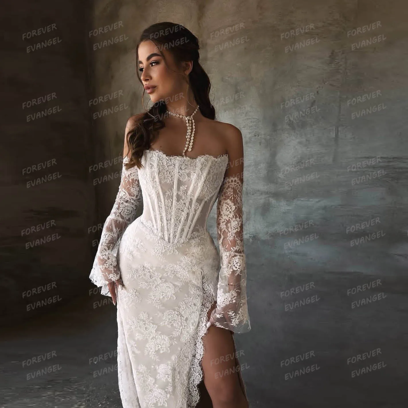 Abiti da sposa con applicazioni affascinanti Abiti da sposa a maniche lunghe a sirena da donna Abiti da sposa sexy con spacco laterale Festa personalizzata