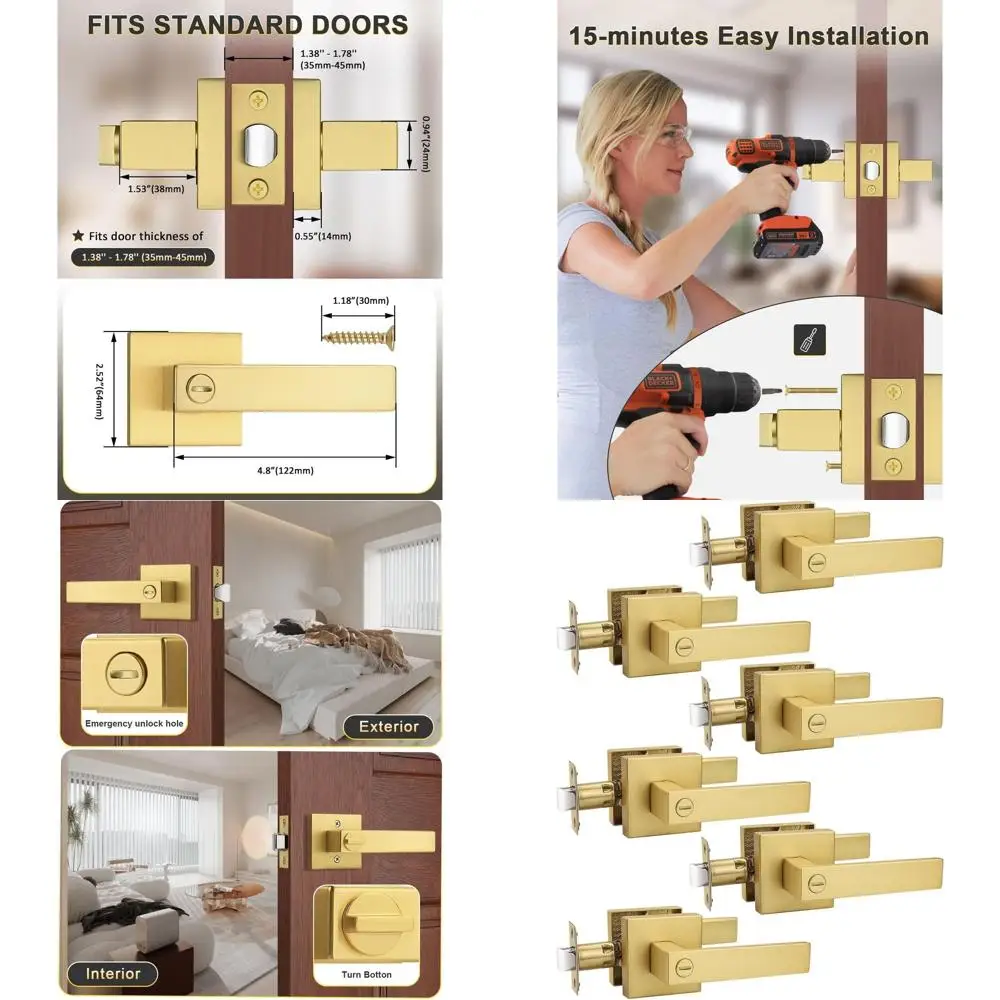 

Усиленные золотые квадратные дверные ручки для межкомнатных дверей, отделка из матовой латуни, с ключом, для спальни и ванной комнаты