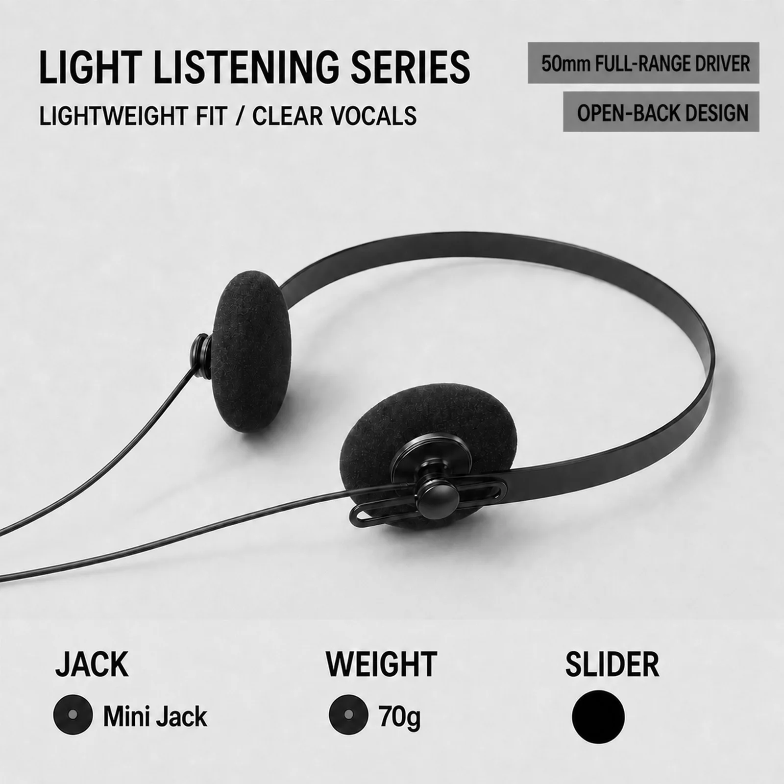Hellodigi Open-ear Headset Lightweiget Wired Headphones 50mm Driver 3.5mm Plug Compatible with Multiple Devices