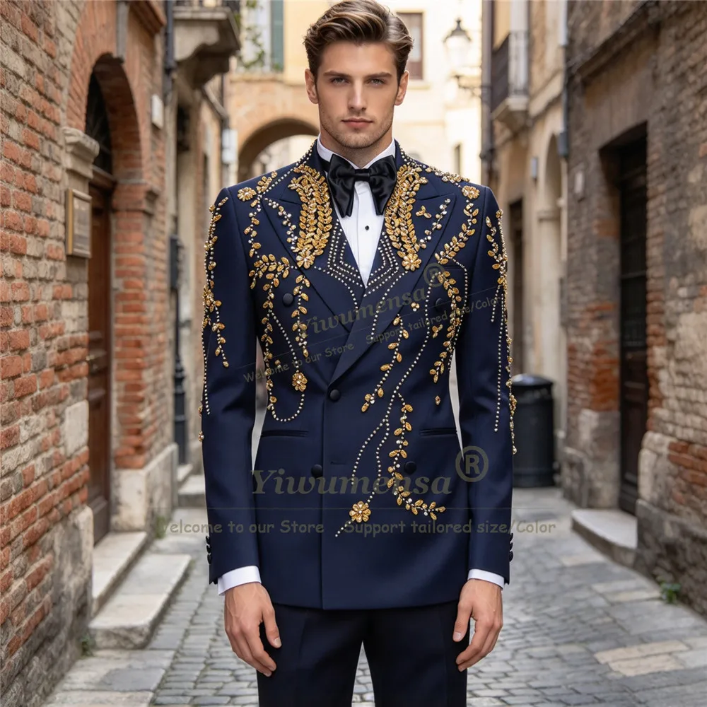 Exquisite Men Suits For Wedding Jewelry Stones Tuxedo Double Breasted Prom Blazer Formal Party 2 Pieces Customized Man Outfits