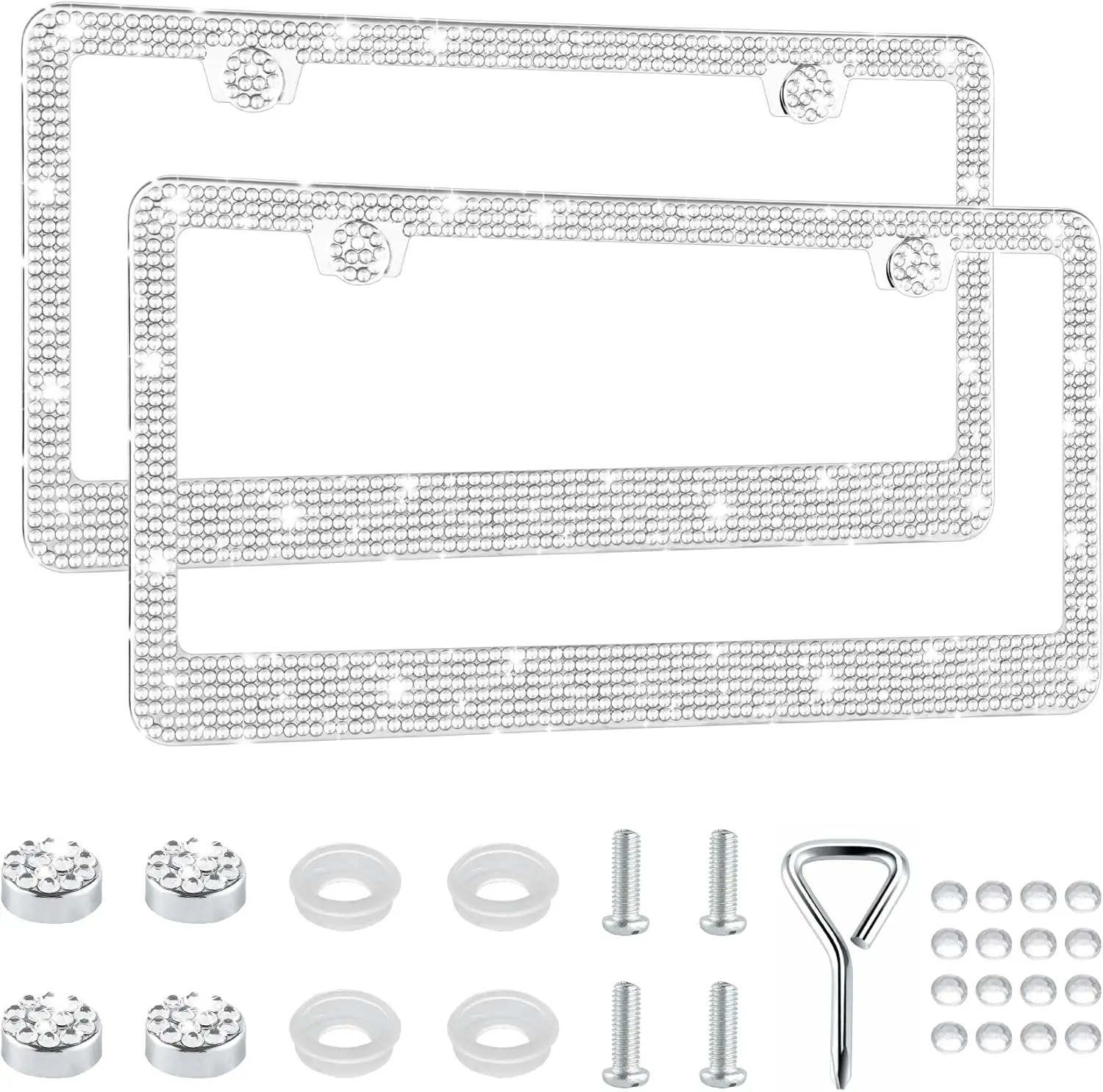 

Блестящие рамки для автомобильных номерных знаков со стразами, набор из 2 штук, ручная работа с использованием стеклянных кристаллов и блестящих элементов, премиум-класс, нержавеющая сталь