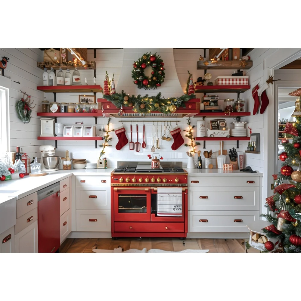 Christmas Kitchen Theme Photography Background Decor Family Warm Winter Red Green White Wood Cabinet Wreath Backgrounds Photo