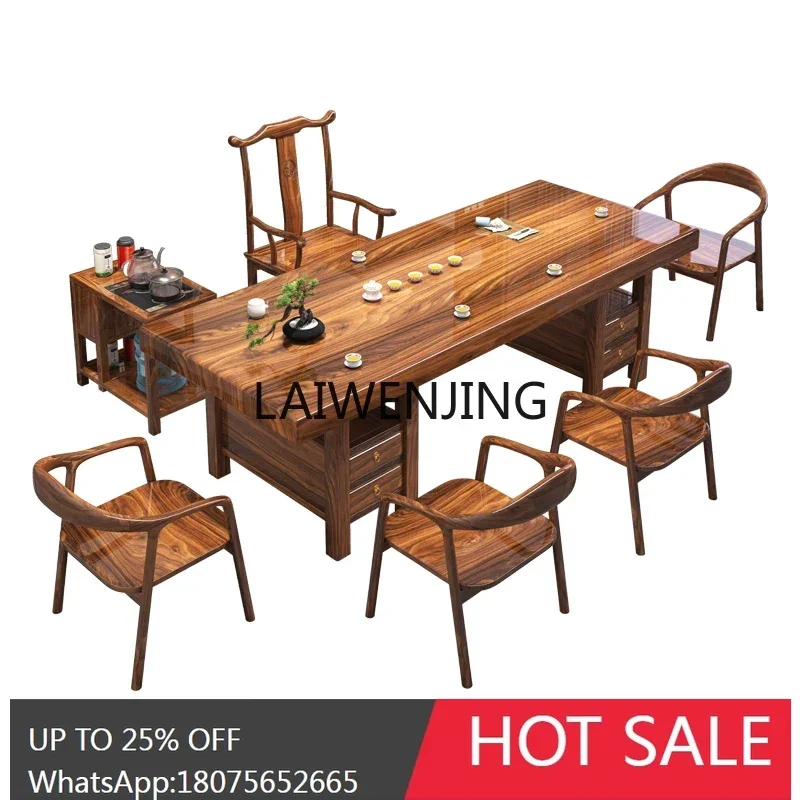 

all solid wood large board tea table and chair combination new Chinese whole board whole cut log tea table