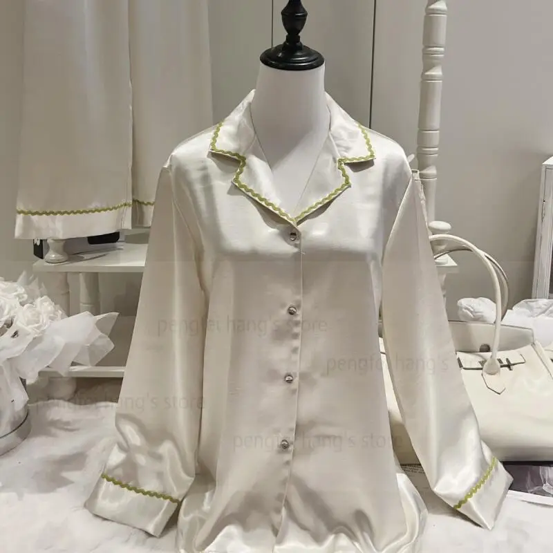 

Champange Pajamas Set Luxury Sleepwear Women Ice Silk 2Pcs Sleep Set Summer Spring New Outwear Long Sleeve Shirt Pants Homewear