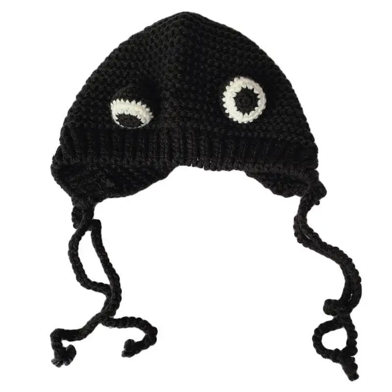 

39BD женская зимняя массивная вязаная шапка-ушанка с милым мультяшным животным для лягушачьих глаз однотонная уличная шапка с