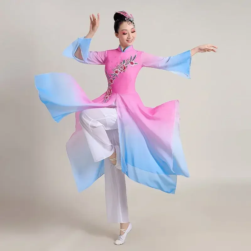 Klasyczne stroje ludowe do tańca, przebrania wróżek, damskie kostiumy do tańca Yangko, wachlarze, parasole, kostiumy do tańca Hanfu, starożytne stroje sceniczne do Yangko
