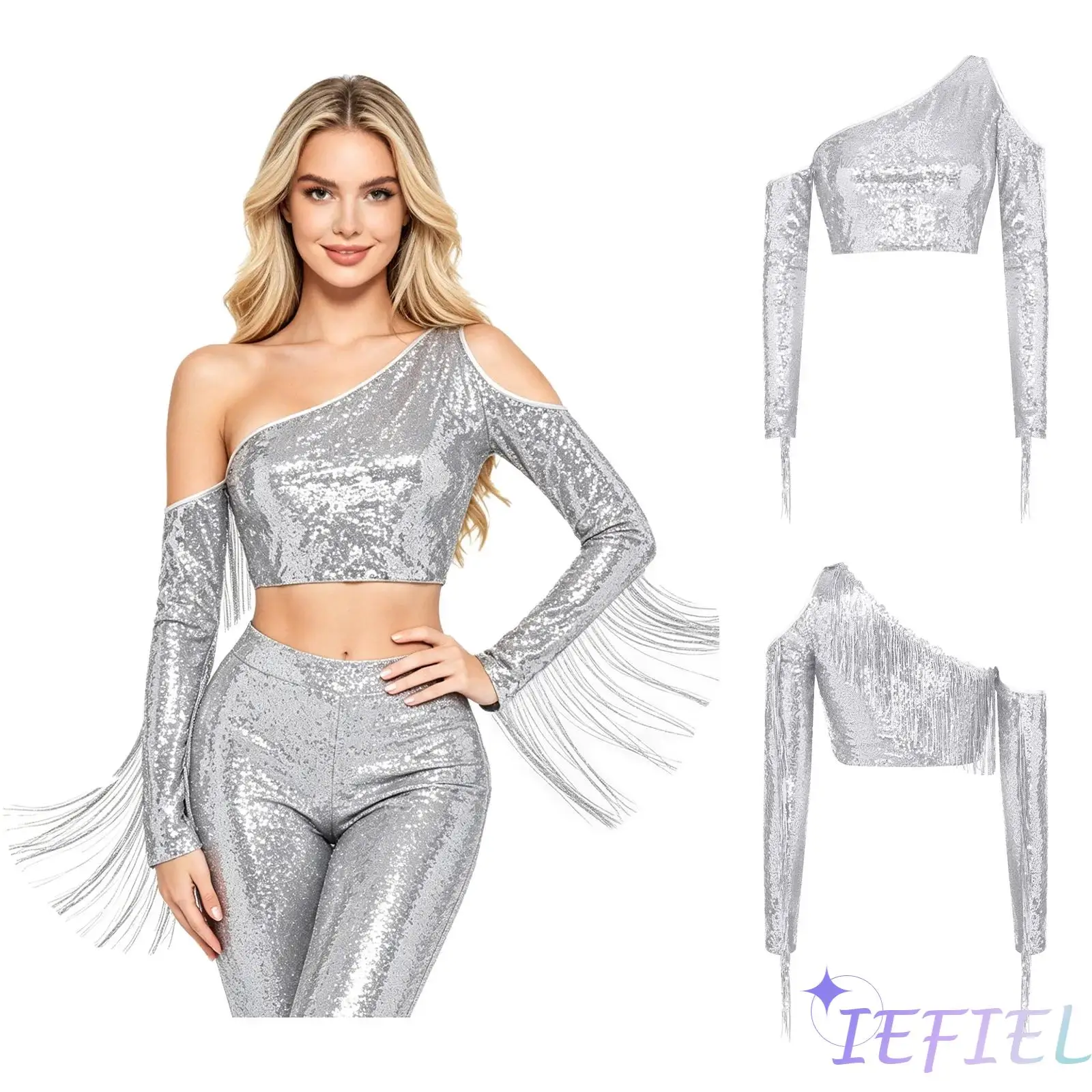 

Womens Disco Jazz Dance Top Sequin One Shoulder Cold Shoulder Long Sleeve Tassel Sparkly Crop Top Blouse Streetwear Clubwear
