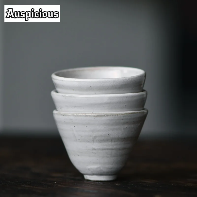

2/3pc Set Hand Made Coarse Pottery Teacup Creative Powder Yin White Bamboo Hat Cup Antique Small Master Cup Kung Fu Teaware 50ml
