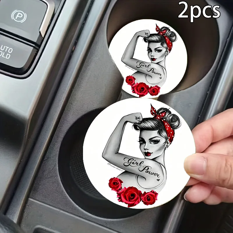Universal 2 Pack Leather Car Cup Coasters, Water & Scratch Resistant Wipeable Car Cup Holder Mats, Creative Printed Auto Interio