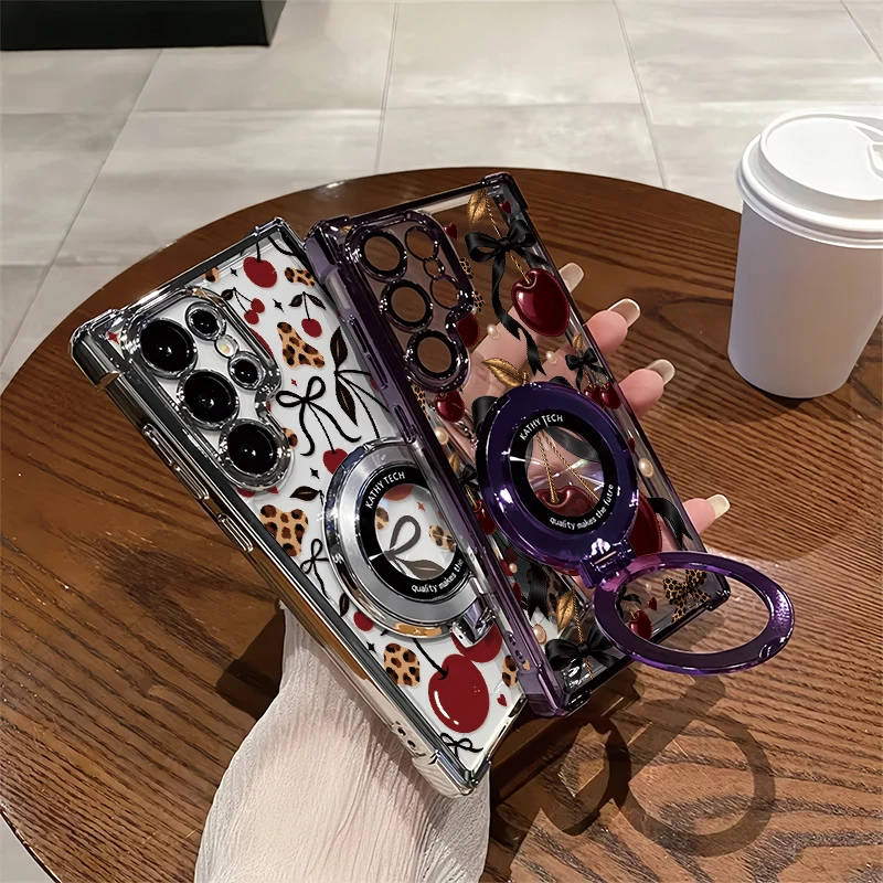 Cherry Bow Leopard Pattern Phone Case For Samsung Galaxy S23 Ultra S22 Plus S21 FE S20 Plating Four Corners Anti Drop Cover Capa