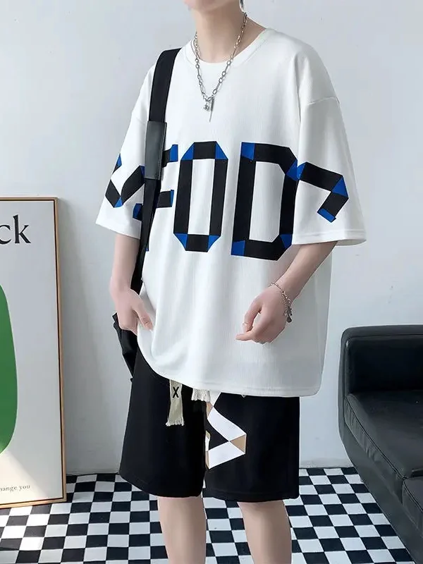 Conjunto de Roupas de Verão com Estampa e Caimento Solto, Camiseta de Manga Curta e Calças para Homens Jovens, Moda Casual Es...