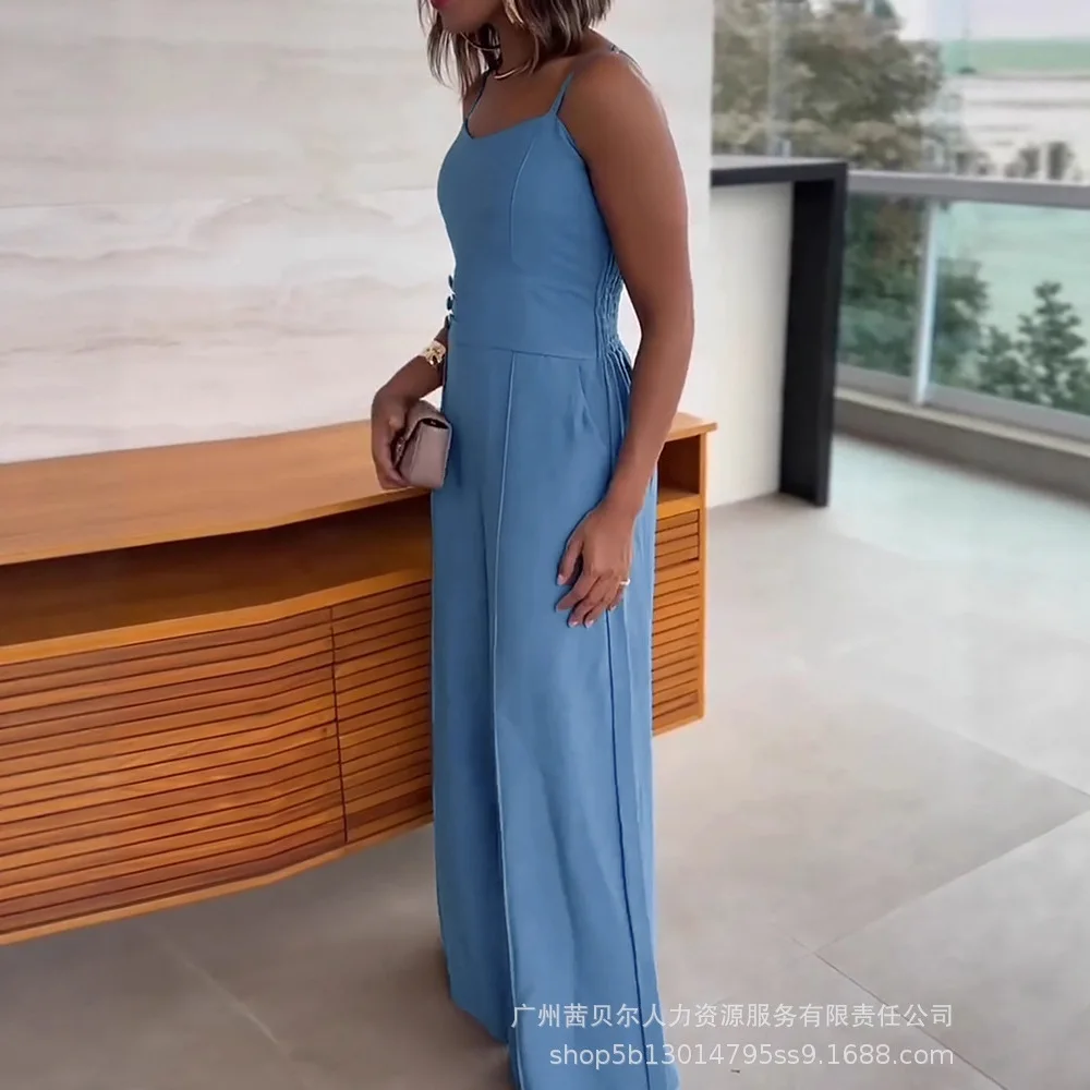 レディース オールインワン パンツ ルーズ レイクブルー ウエストバックルデザイン ストラップ スリムフィット ワイドレッグ ジャンプスーツ