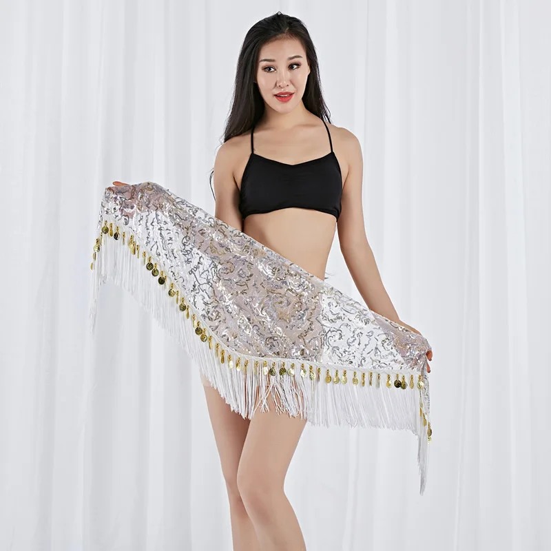 New Belly Dance Hip Scarf Triangle Mesh Diamond HipTowel Multi Layer Tassel Beaded Waist Chain Group Versatile Practice