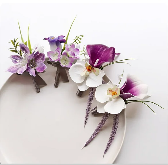 كبار الصدار زهرة المعصم زنبق الكالا زهرة اصطناعية العروس والعريس احتفال الزفاف التصوير دعوى طية صدر السترة الأرجواني و ث