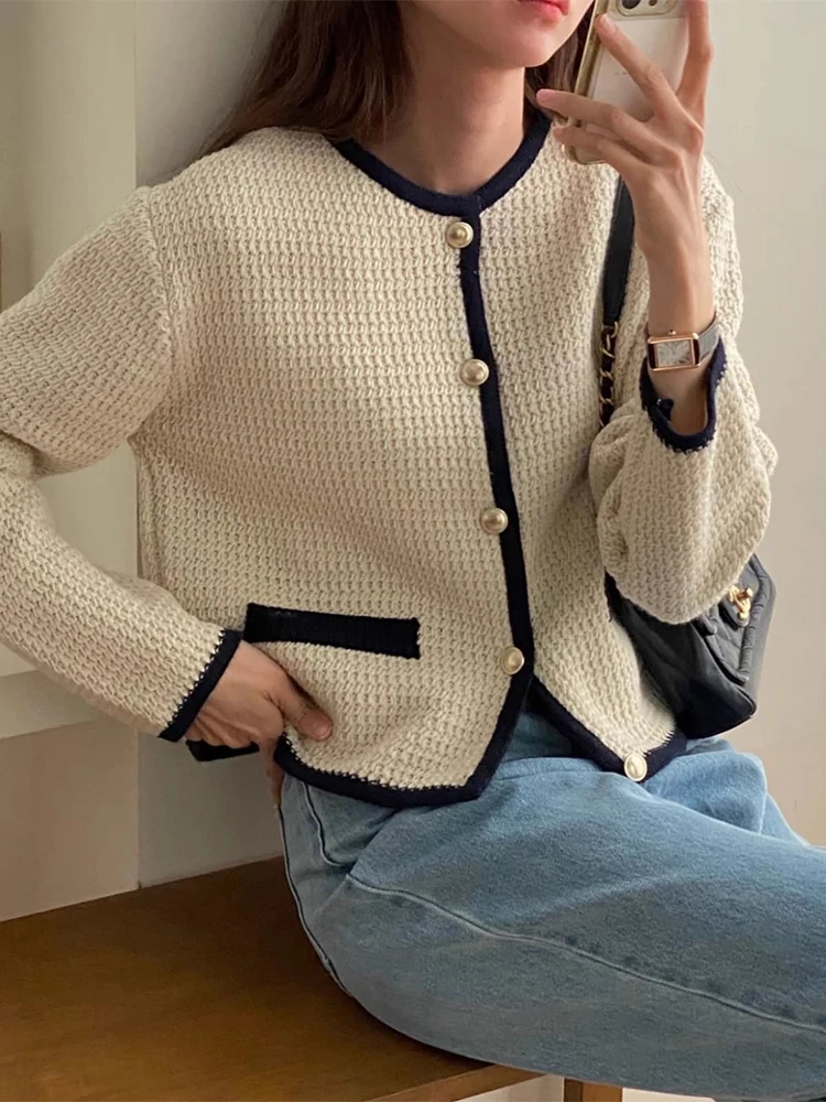 

Chic Autumn New Sweet Small Fraance Sle Color Blo Loose Versatile Long Sve Knitted Sweater Coat for Women