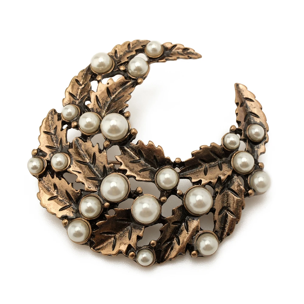 Amorita boutique semilune simulated pearl antique brass color Brooches