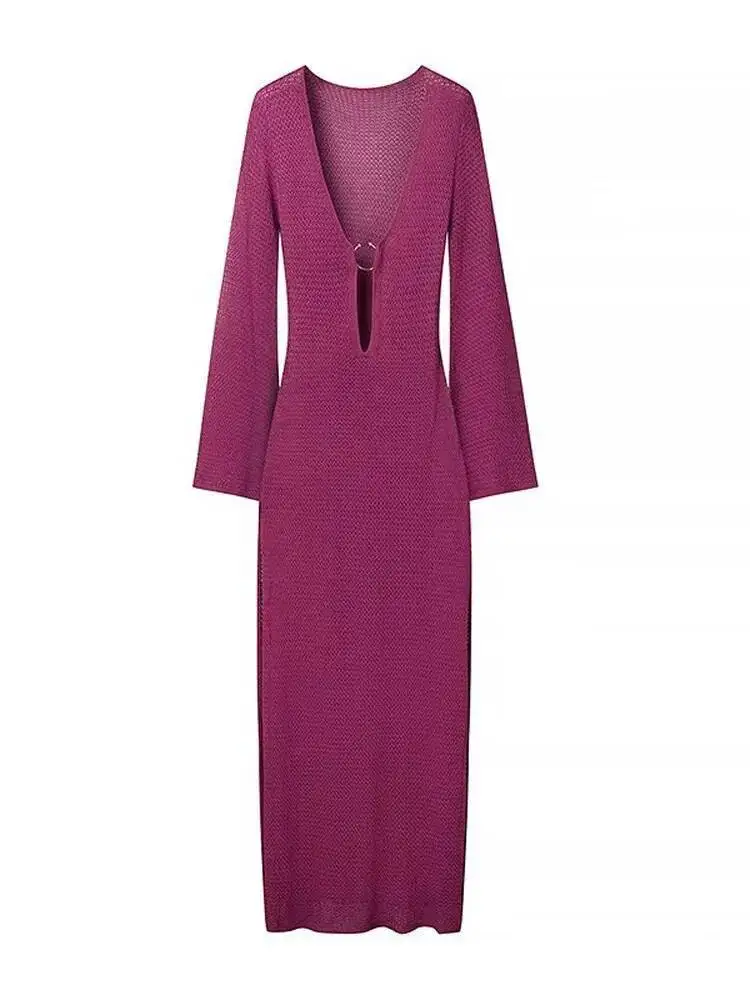 Sexy Metal Ring Splicing Women's V-neck Split Crochet Dress Chic Flared Sleeve Slim Hollow Out Robes Lady Beach Vacation O851