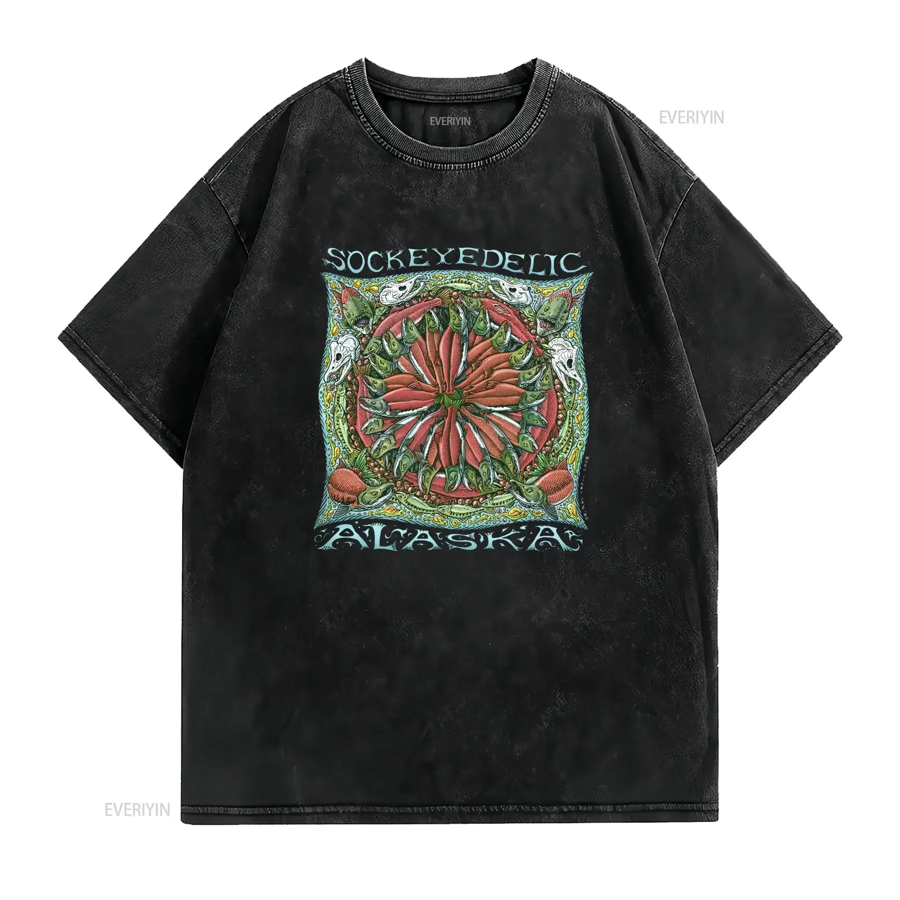 Sockeyedelic Alaska T Shirt Vintage Y2K Sockeye Salmon Ray Troll Art Mens Size Medium vintage Washed Unisex Versatile Slightly