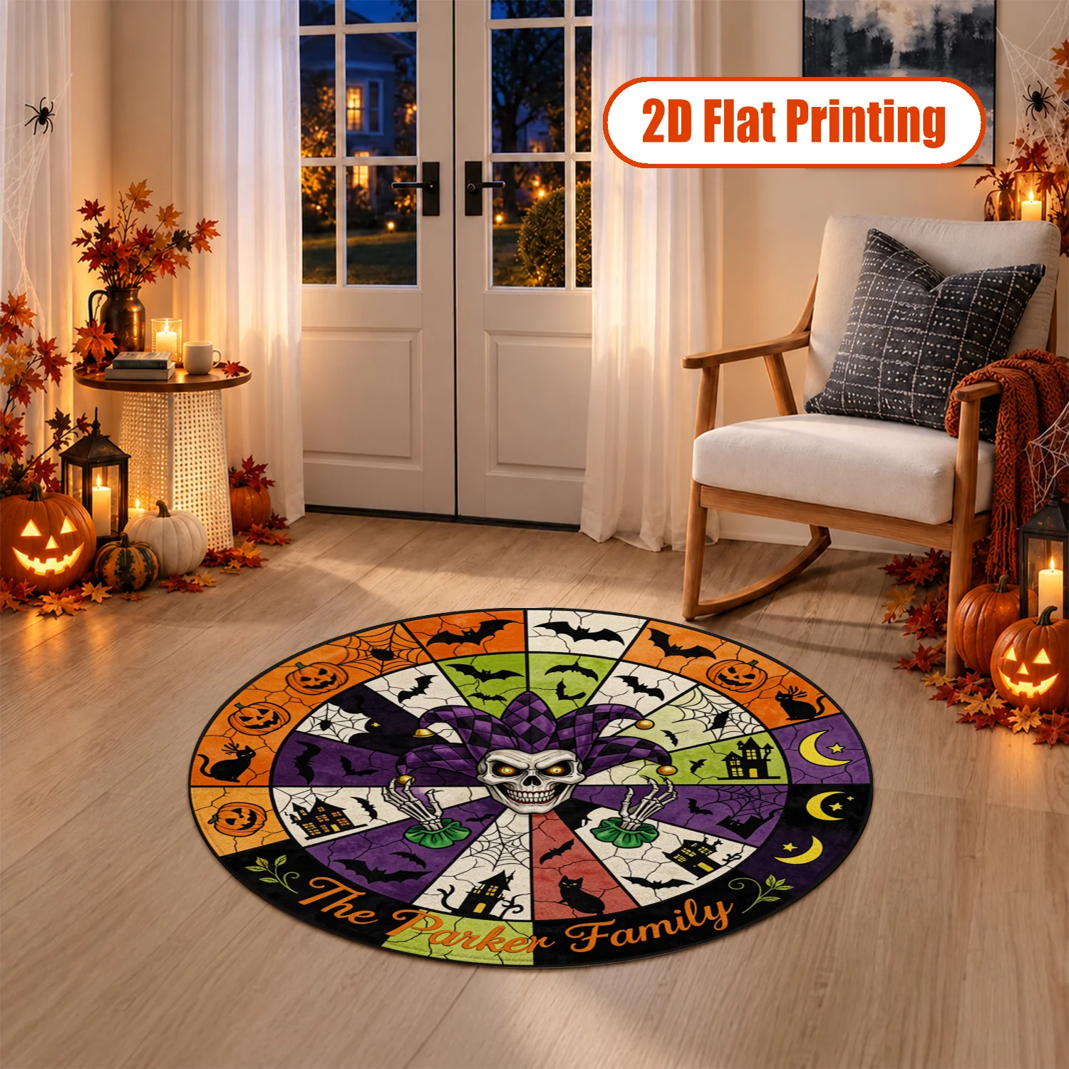 Halloween Skull Joker Bat Pumpkin Haunted House Cat Moon Design Round Velvet Floor Mat Machine Washable for Living Room Entryway Dining Room Bedroom Perfect for Halloween Thanksgiving Christmas New Year Black Friday Cyber Monday