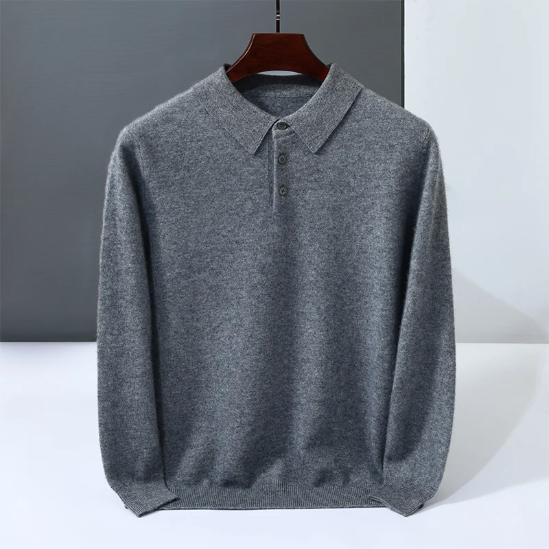 

Men's POLO Collar Pullover Sweater 100% Cashmere Knitted Long Sleeved Jumper Casual Business Solid Color Men's Top Autumn Winter