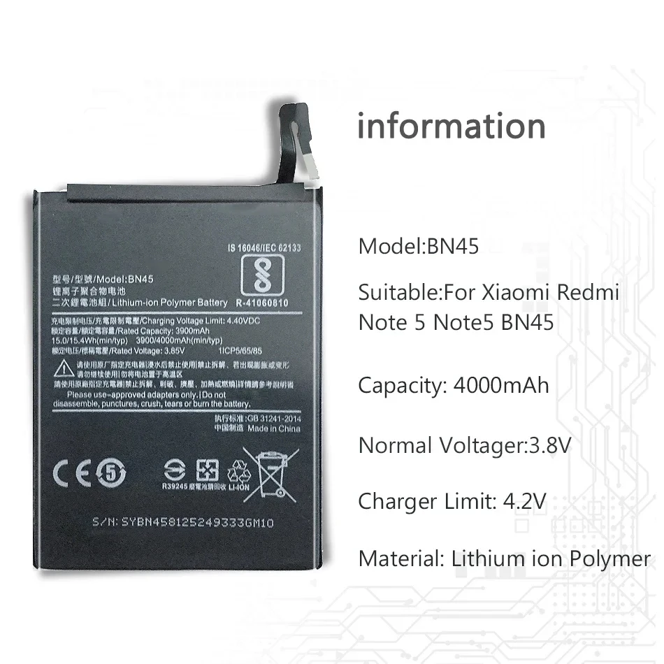 Li-ion Battery For Xiaomi Redmi Note 5, Note5 Cell Phone BN45, 4000mAh BN 45