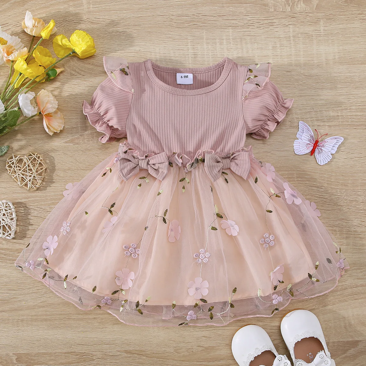 2024 Summer Baby Princess Dress Floral Embroidery Lace Dress Puff Sleeve Cute Girls Tulle Costume