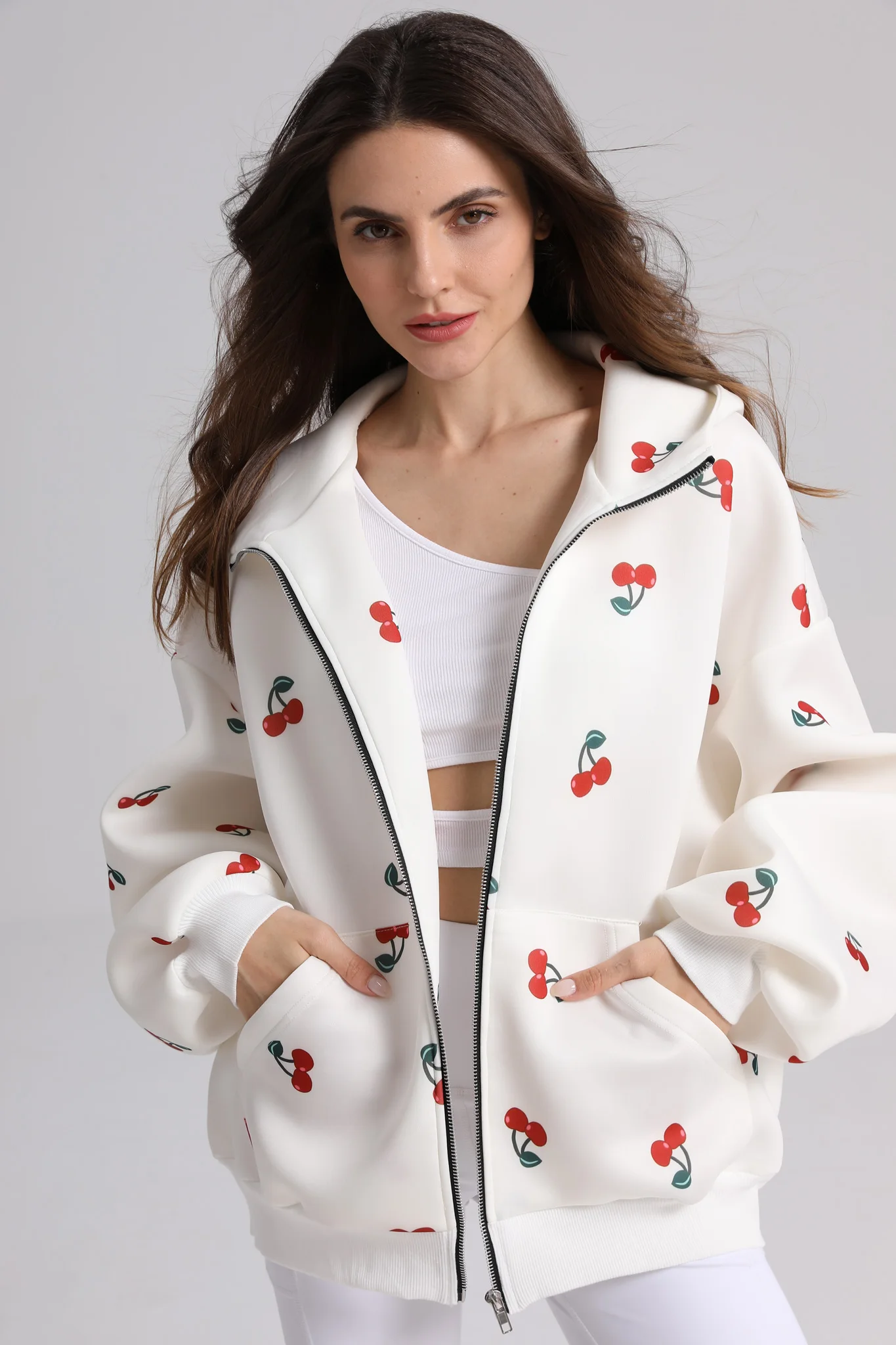 

2024 Autumn Women's models Cherry sport coat zip Hooded Loose Printed Sweatshirt Trendy Stylish Short Women's Tops Cardigans